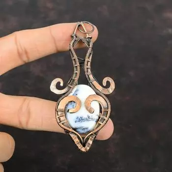 Подвеска с дендритом и опалом, медная проволока, кулон с драгоценным камнем, ювелирные изделия с дендритом опалом, кулон ручной работы, медные дизайнерские украшения, подарки на годовщину