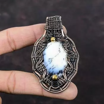 Подвеска с дендритом и опалом, обернутая медной проволокой, кулон из натуральной драгоценной камни, кулон ручной работы, удивительный кулон, ювелирное изделие из медной проволоки, подарок для нее