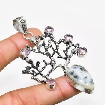 Подвеска с дендритом опалом и розовым кунцитом 925 пробы, посеребренная, 2,84 дюйма 2.84 белый