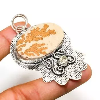 Подвеска с дендритом псиломелана и цитрином, посеребренная 925 проба, 2,46 дюйма 2.46 коричневый