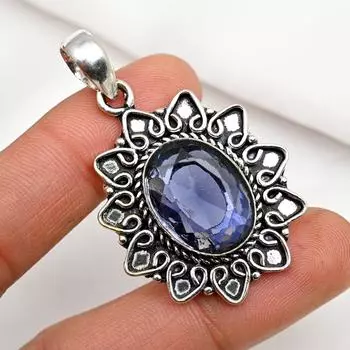 Подвеска с драгоценным камнем иолит, кулон из цельного серебра 925 пробы, ювелирное изделие ручной работы, кулон с камнем по дате рождения, подарок для него 2.20 Inches синий