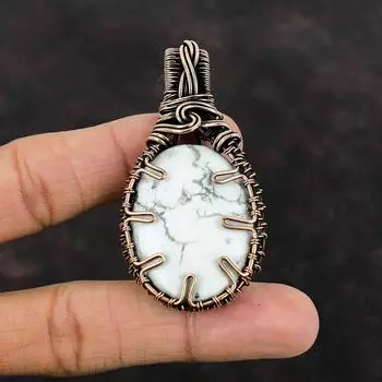 Подвеска с драгоценным камнем из говлита, кулон из медной проволоки, кулон ручной работы, ювелирные изделия из проволочной обмотки, стильный кулон, ювелирные изделия из говлитовой меди, подарок для него