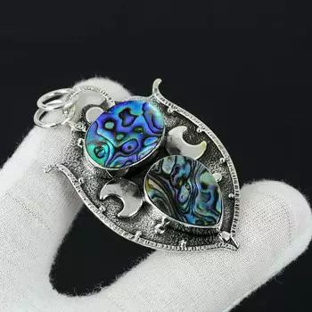 Подвеска с драгоценным камнем из ракушки морского ушка, исцеляющая подвеска, подвеска из стерлингового серебра 925 пробы, подвеска с двойным драгоценным камнем, подвеска из натуральных ювелирных изделий для подарка 2.55 синий