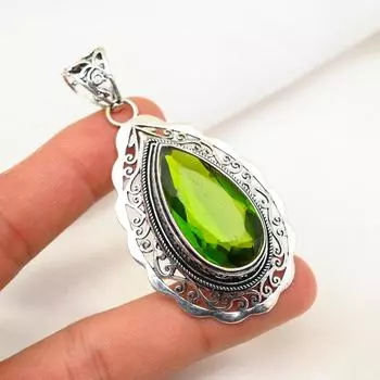 Подвеска с драгоценным камнем перидот, кулон из цельного серебра 925 пробы, ювелирное изделие ручной работы, кулон с камнем по дате рождения, подарок для него 2.75 Inches зелёный