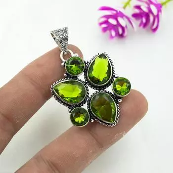 Подвеска с драгоценным камнем перидот, кулон из цельного серебра 925 пробы, ювелирное изделие ручной работы, кулон с камнем по дате рождения, подарок для него 1.92 Inches зелёный