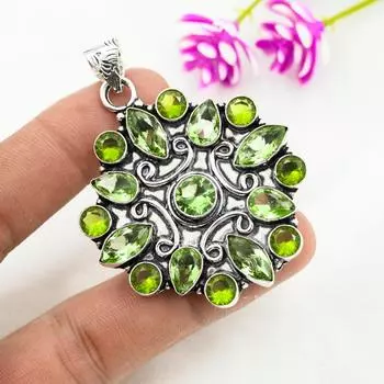 Подвеска с драгоценным камнем перидот, кулон из цельного серебра 925 пробы, ювелирное изделие ручной работы, кулон с камнем по дате рождения, подарок для него 2.55 Inches зелёный