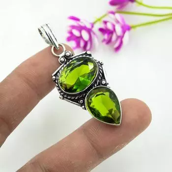 Подвеска с драгоценным камнем перидот, кулон из цельного серебра 925 пробы, ювелирное изделие ручной работы, кулон с камнем по дате рождения, подарок для него 2.16 Inches зелёный