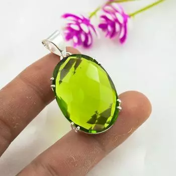 Подвеска с драгоценным камнем перидот, кулон из цельного серебра 925 пробы, ювелирное изделие ручной работы, кулон с камнем по дате рождения, подарок для него 1.75 Inches зелёный