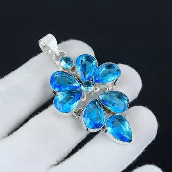 Подвеска с драгоценным камнем Swiss Blue Topaz из стерлингового серебра 925 пробы - дизайн в виде цветка из голубого топаза ручной работы, идеально подходит для подарков, вечеринок и повседневной элегантности 2 синий