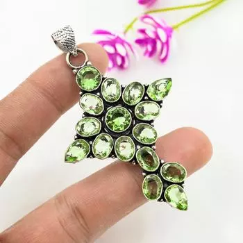 Подвеска с драгоценным камнем зеленый аметист, подвеска из цельного серебра 925 пробы, антикварное украшение ручной работы, подарок на День матери 1.85 Inches зелёный