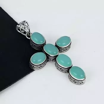 Подвеска с драгоценным камнем зеленый халцедон, серебро 925 пробы - дизайн креста ручной работы, повседневные украшения, уникальная подвеска с зеленым халцедоном 2.95 зелёный