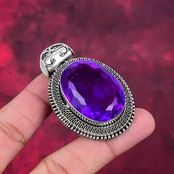 Подвеска с фиолетовым аметистом, ювелирные изделия из цельного серебра 925 пробы с драгоценными камнями, подвеска ручной работы, на День благодарения 2.40 Inches фиолетовый