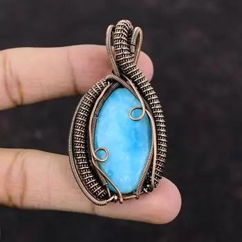 Подвеска с гемиморфитом, кулон, завернутый в медную проволоку, кулон из натурального драгоценного камня, кулон ручной работы, медная проволока, ювелирный подарок для нее, стильный кулон