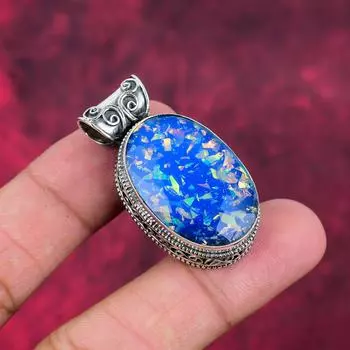 Подвеска с голубым опалом, кулон из стерлингового серебра 925 пробы с драгоценными камнями, подвеска ручной работы, изумительное украшение, подарок для нее 1.65 Inches синий