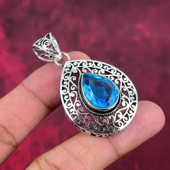 Подвеска с голубым топазом, кулон из стерлингового серебра 925 пробы, ювелирные изделия ручной работы с драгоценными камнями, подарки для жены, абсолютно новый кулон 2.24 Inches синий