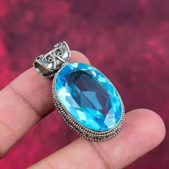Подвеска с голубым топазом, кулон из стерлингового серебра 925 пробы с драгоценными камнями, подвеска ручной работы, изумительное украшение, подарок для нее 1.65 Inches синий