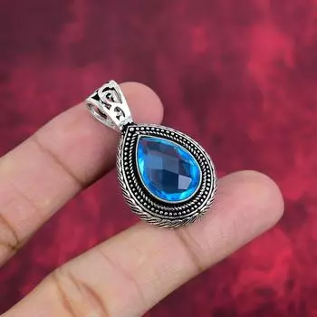 Подвеска с голубым топазом, кулон из стерлингового серебра 925 пробы, ювелирные изделия ручной работы с драгоценными камнями, подарки для жены, абсолютно новый кулон 1.50 Inches синий