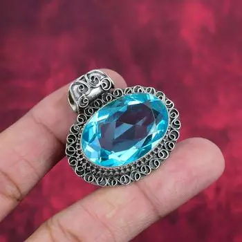 Подвеска с голубым топазом, ювелирные изделия из цельного серебра 925 пробы с драгоценными камнями, подвеска ручной работы, на День благодарения 1.77 Inches синий