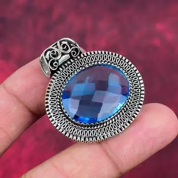 Подвеска с голубым топазом, ювелирные изделия из цельного серебра 925 пробы с драгоценными камнями, подвеска ручной работы, на День благодарения 1.57 Inches синий