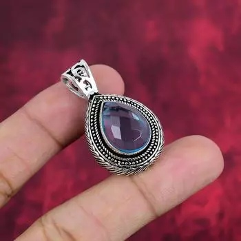 Подвеска с голубым топазом, ювелирные изделия из цельного серебра 925 пробы с драгоценными камнями, подвеска ручной работы, на День благодарения 1.50 Inches синий