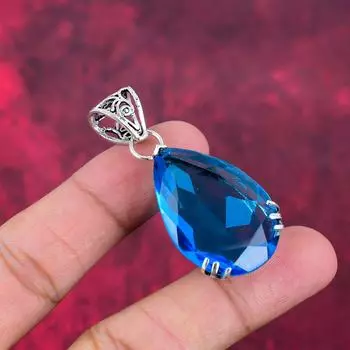 Подвеска с голубым топазом, ювелирные изделия из цельного серебра 925 пробы с драгоценными камнями, подвеска ручной работы, на День благодарения 2.08 Inches синий