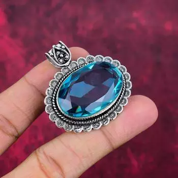Подвеска с голубым топазом, ювелирные изделия из цельного серебра 925 пробы с драгоценными камнями, подвеска ручной работы, на День благодарения 1.77 Inches синий