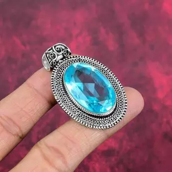 Подвеска с голубым топазом, ювелирные изделия из цельного серебра 925 пробы с драгоценными камнями, подвеска ручной работы, на День благодарения 2.04 Inches синий