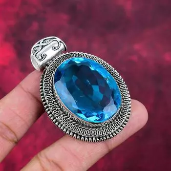Подвеска с голубым топазом, ювелирные изделия из цельного серебра 925 пробы с драгоценными камнями, подвеска ручной работы, на День благодарения 2.44 Inches синий