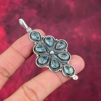 Подвеска с голубым топазом, ювелирные изделия из цельного серебра 925 пробы с драгоценными камнями, подвеска ручной работы, на День благодарения 3.03 Inches синий