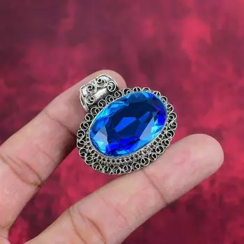 Подвеска с голубым топазом, ювелирные изделия из цельного серебра 925 пробы с драгоценными камнями, подвеска ручной работы, на День благодарения 1.50 Inches синий