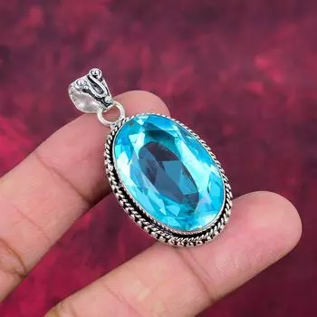 Подвеска с голубым топазом, ювелирные изделия из цельного серебра 925 пробы с драгоценными камнями, подвеска ручной работы, на День благодарения 2.04 Inches синий