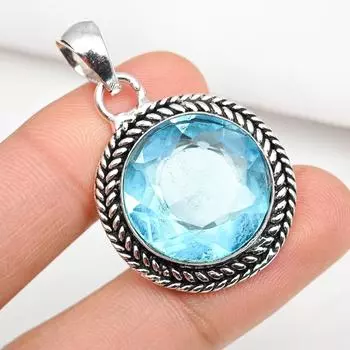 Подвеска с голубым топазом, ювелирные изделия из цельного серебра 925 пробы с драгоценными камнями, подвеска ручной работы, на День благодарения 1.69 Inches синий