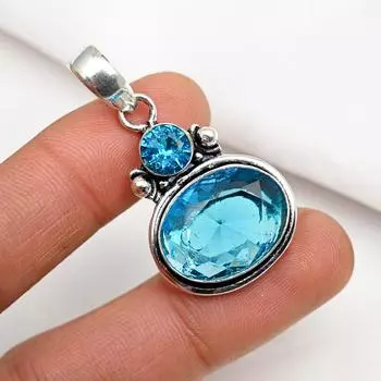 Подвеска с голубым топазом, ювелирные изделия из драгоценного камня, кулон из стерлингового серебра 925 пробы, ювелирное изделие ручной работы, кулон с камнем по дате рождения, подарок для него 1.73 Inches синий