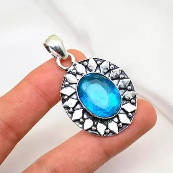 Подвеска с голубым топазом, ювелирные изделия из цельного серебра 925 пробы с драгоценными камнями, подвеска ручной работы, на День благодарения 1.96 Inches синий