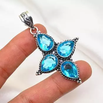 Подвеска с голубым топазом, ювелирные изделия из драгоценного камня, кулон из стерлингового серебра 925 пробы, ювелирное изделие ручной работы, кулон с камнем по дате рождения, подарок для него 1.96 Inches синий