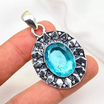 Подвеска с голубым топазом, ювелирные изделия из цельного серебра 925 пробы с драгоценными камнями, подвеска ручной работы, на День благодарения 1.96 Inches синий