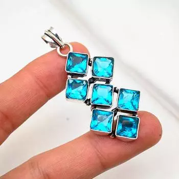 Подвеска с голубым топазом, ювелирные изделия из цельного серебра 925 пробы с драгоценными камнями, подвеска ручной работы, на День благодарения 1.96 Inches синий
