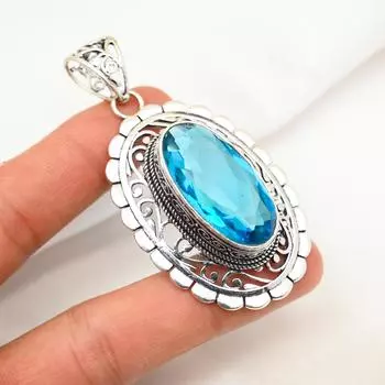 Подвеска с голубым топазом, ювелирные изделия из цельного серебра 925 пробы с драгоценными камнями, подвеска ручной работы, на День благодарения 2.67 Inches синий