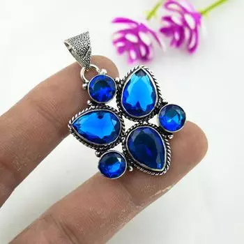 Подвеска с голубым топазом, ювелирные изделия из драгоценного камня, кулон из стерлингового серебра 925 пробы, ювелирное изделие ручной работы, кулон с камнем по дате рождения, подарок для него 1.92 Inches синий