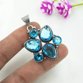 Подвеска с голубым топазом, ювелирные изделия из драгоценного камня, кулон из стерлингового серебра 925 пробы, ювелирное изделие ручной работы, кулон с камнем по дате рождения, подарок для него 1.92 Inches синий