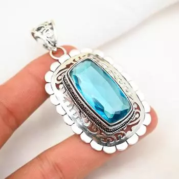 Подвеска с голубым топазом, ювелирные изделия из драгоценного камня, кулон из стерлингового серебра 925 пробы, ювелирное изделие ручной работы, кулон с камнем по дате рождения, подарок для него 2.67 Inches синий