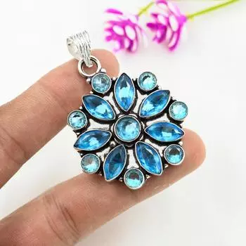 Подвеска с голубым топазом, ювелирные изделия из цельного серебра 925 пробы с драгоценными камнями, подвеска ручной работы, на День благодарения 2.16 Inches синий