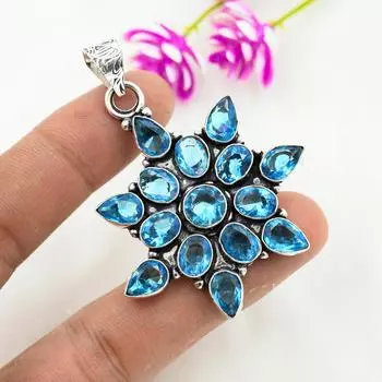 Подвеска с голубым топазом, ювелирные изделия из цельного серебра 925 пробы с драгоценными камнями, подвеска ручной работы, на День благодарения 2.28 Inches синий