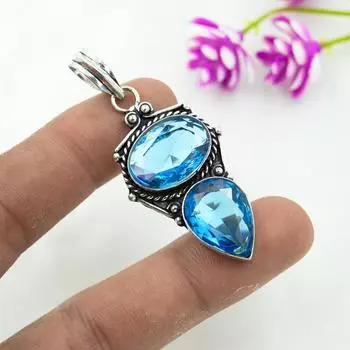 Подвеска с голубым топазом, ювелирные изделия из цельного серебра 925 пробы с драгоценными камнями, подвеска ручной работы, на День благодарения 2.16 Inches синий