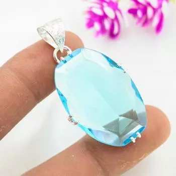 Подвеска с голубым топазом, ювелирные изделия из цельного серебра 925 пробы с драгоценными камнями, подвеска ручной работы, на День благодарения 1.85 Inches синий