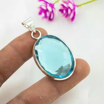 Подвеска с голубым топазом, ювелирные изделия из цельного серебра 925 пробы с драгоценными камнями, подвеска ручной работы, на День благодарения 1.73 Inches синий