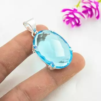 Подвеска с голубым топазом, ювелирные изделия из цельного серебра 925 пробы с драгоценными камнями, подвеска ручной работы, на День благодарения 1.73 Inches синий