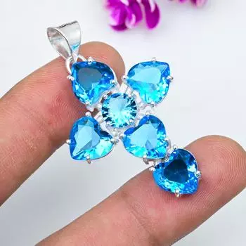 Подвеска с голубым топазом, ювелирные изделия из цельного серебра 925 пробы с драгоценными камнями, подвеска ручной работы, на День благодарения 2 Inches синий