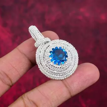 Подвеска с голубым топазом, ювелирные изделия с драгоценными камнями в виде проволоки, подвеска ручной работы, на День благодарения 1.88 Inches синий