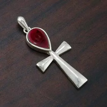 Подвеска с гранатом-Крест ручной работы-Исцеляющая подвеска из стерлингового серебра 925 пробы
